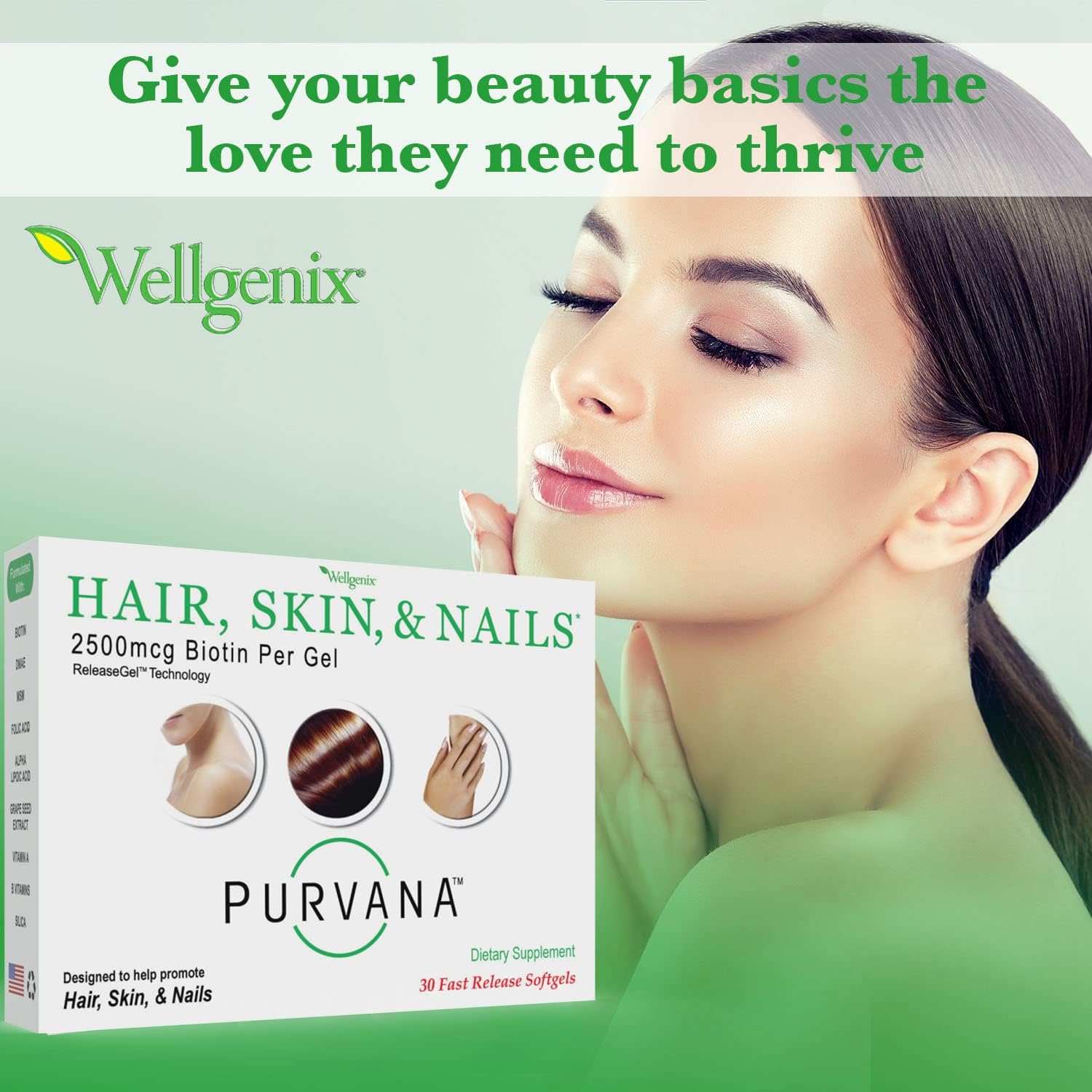 Wellgenix Purvana Hair, Skin, and Nails Supplement - 2500 mcg Biotin Softgels with MSM & B-Complex (60 Softgels, 2-Pack)