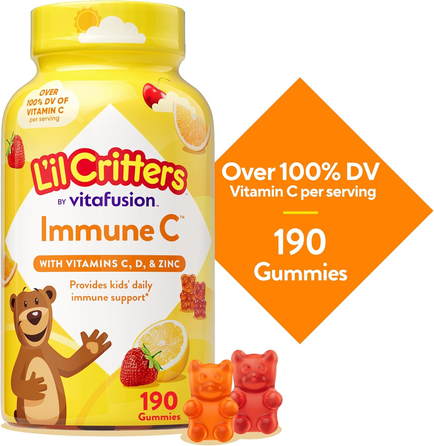 L'il Critters Kids Immune C | Vitamin C and Zinc Gummies | 190 Count | Assorted Fruit Flavors | Gluten- and Dairy-Free Children's Gummy Supplement