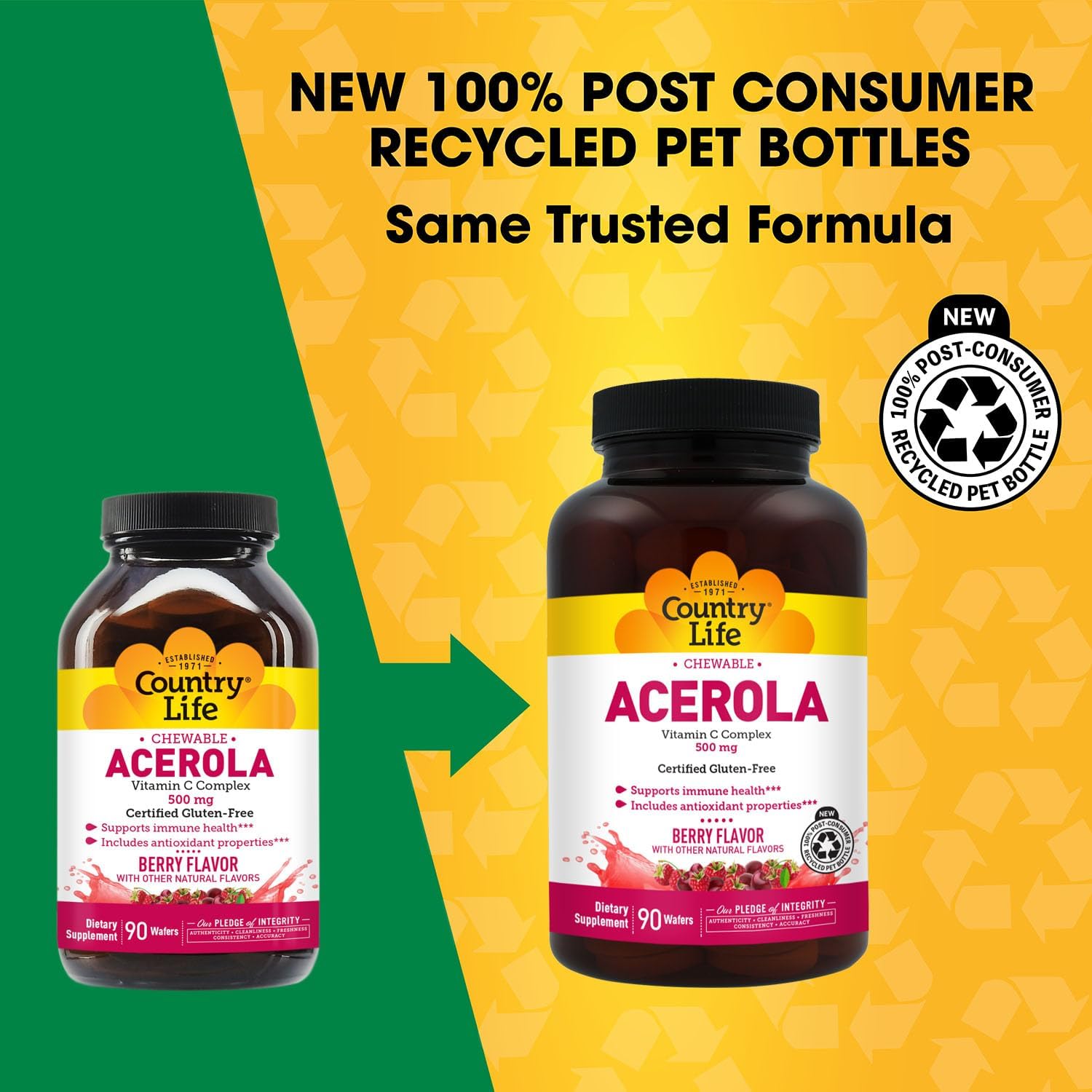 Country Life Acerola Vitamin C Complex 500 mg, Berry Chewable Wafers with Citrus Bioflavonoids & Rose Hips, Immune Health and Antioxidant Support, Gluten-Free, Vegan, 90 Wafers