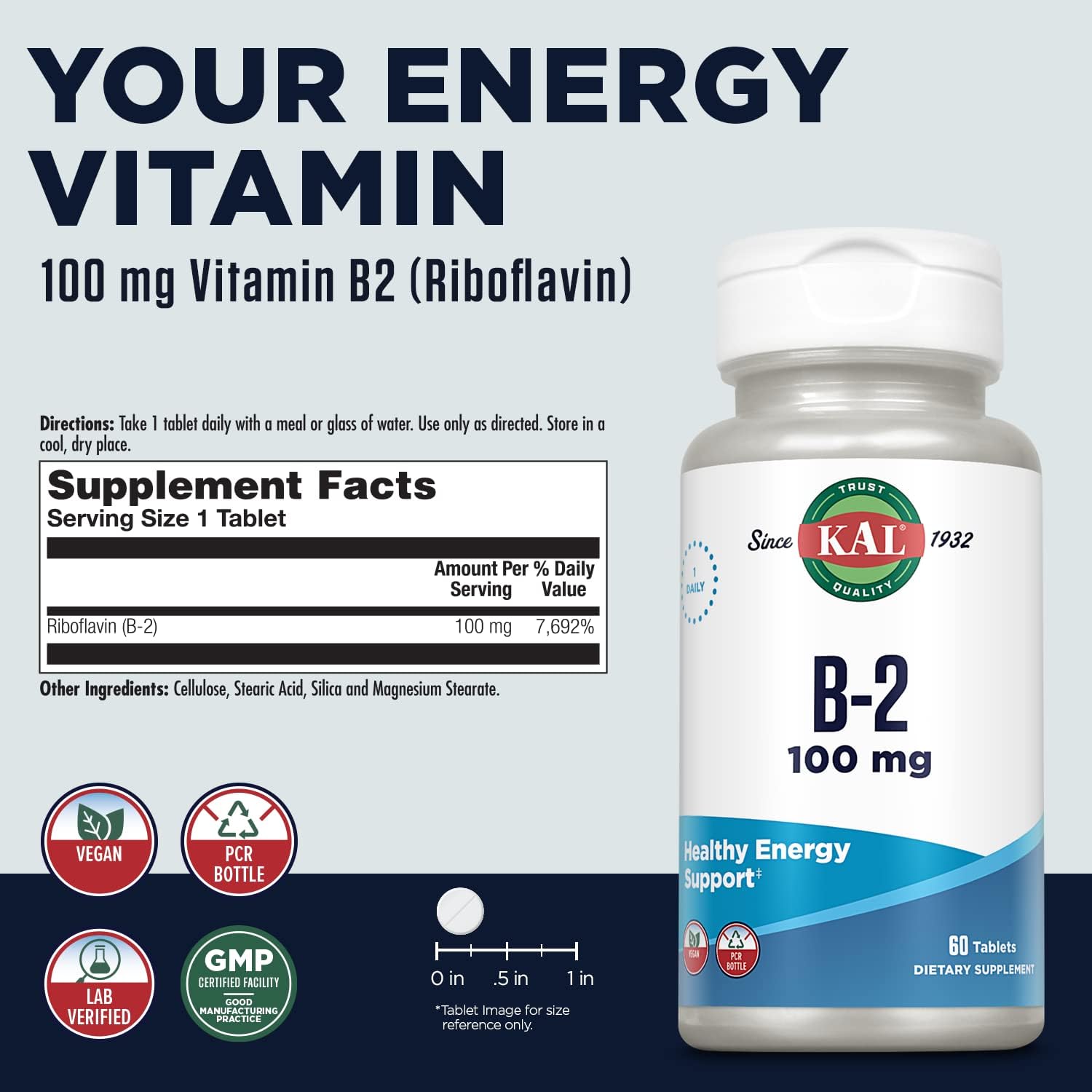 KAL Vitamin B2 100mg – Riboflavin Supplement for Energy and Metabolism
