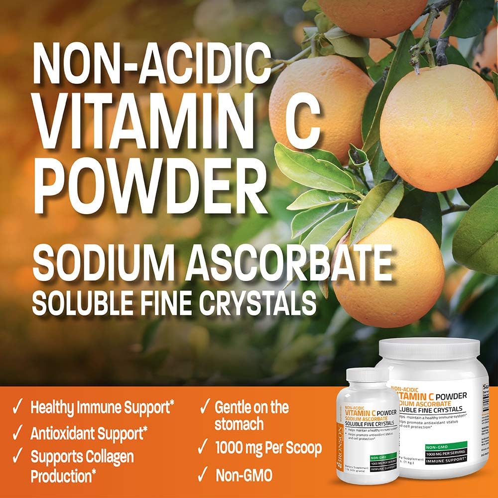 Bronson Non Acidic Vitamin C Powder – Sodium Ascorbate, Non-GMO, 1 kg (2.2 lbs)