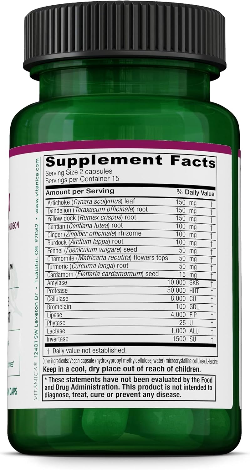 Vitanica Bitters Extra - Digestion Support Supplement with Dandelion Root, Ginger, Turmeric and Plant Enzymes - Vegan - 30 Capsules
