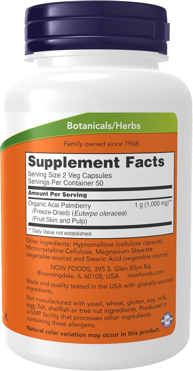 NOW Foods Acai 500 mg - Freeze-Dried Super Fruit, 100 Veg Capsules