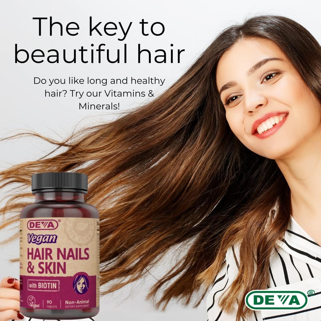 DEVA Vegan Vitamins Hair, Nails & Skin Supplement with 500 mcg Biotin, 90 Tablets (Pack of 2)