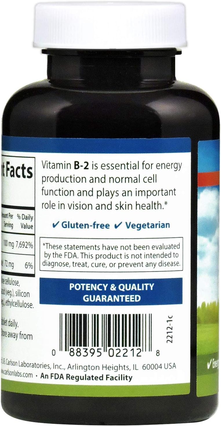 Carlson - B-2, 100 mg Riboflavin, Energy Metabolism, Vision Health & Skin Maintenance, 250 Vegetarian Tablets