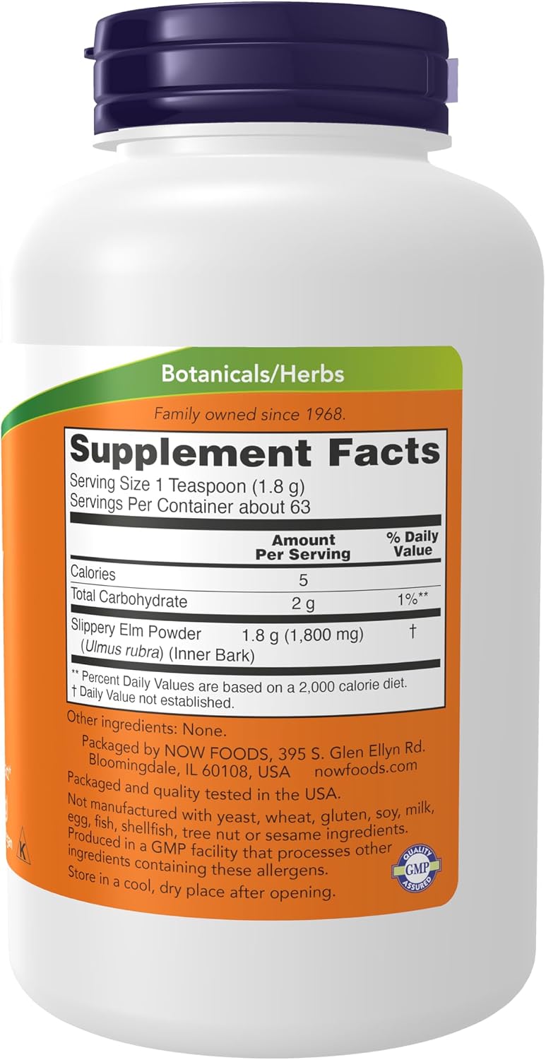 NOW Foods Slippery Elm Powder (Ulmus rubra), Non-GMO, 113 g
