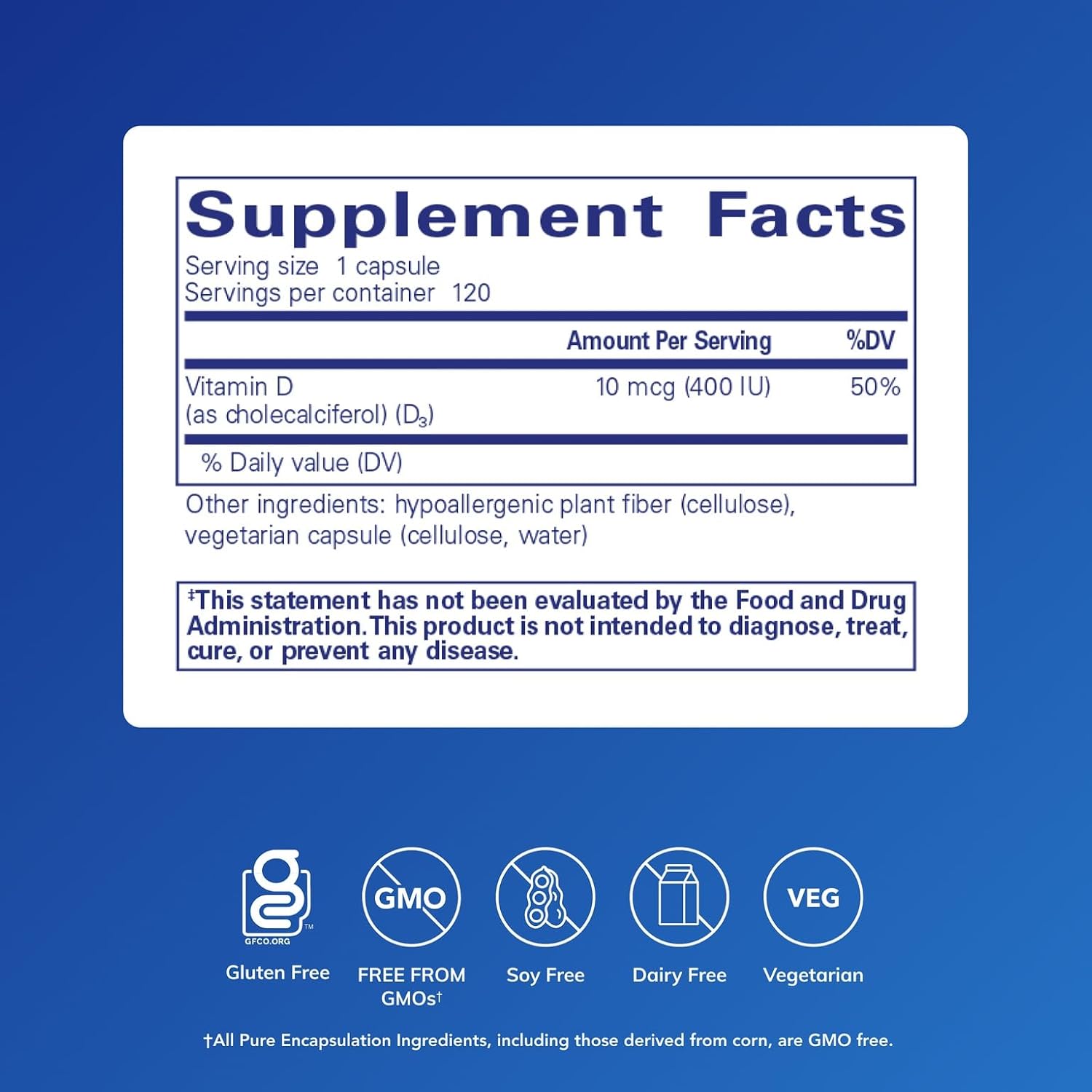 Pure Encapsulations Vitamin D3 10 mcg (400 IU) – Hypoallergenic Support for Bone and Immune Health – 120 Capsules