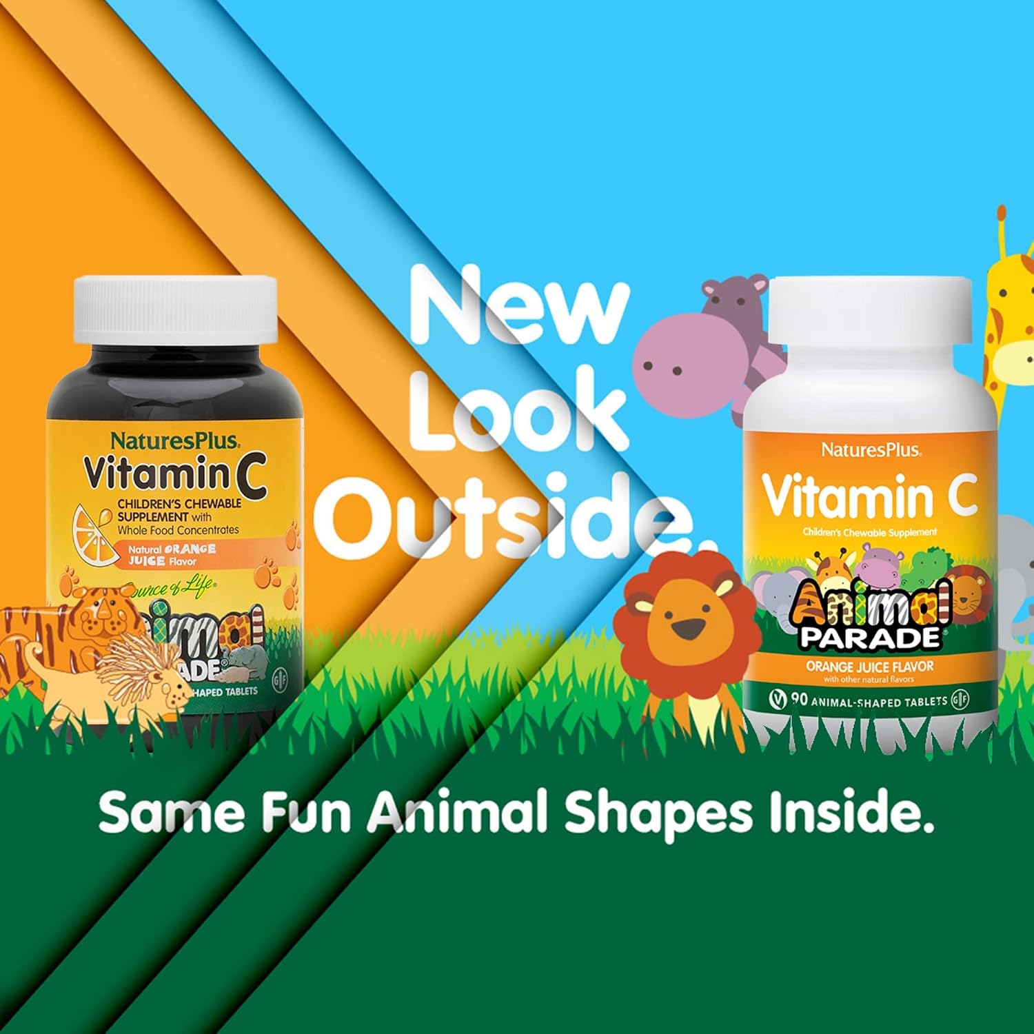 NaturesPlus Animal Parade Vitamin C Children's Chewable – Natural Orange Juice Flavour – 90 Animal-Shaped Tablets