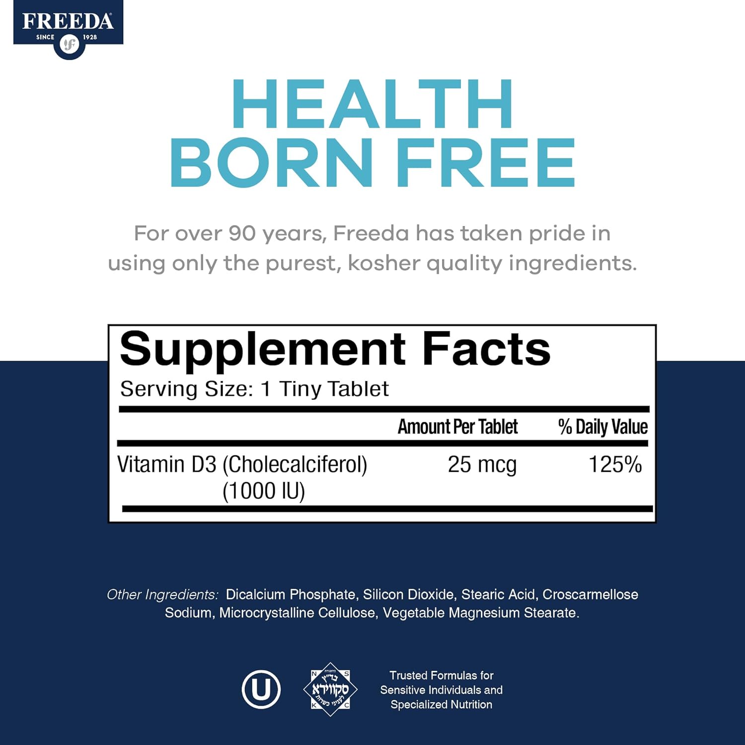 FREEDA Pure Vitamin D3 1000 IU – Daily Maintenance Dose – Bone Health, Joint, Muscle & Immune Support – 25 mcg 1,000 IU Easy-to-Swallow (500 Tiny Tablets)