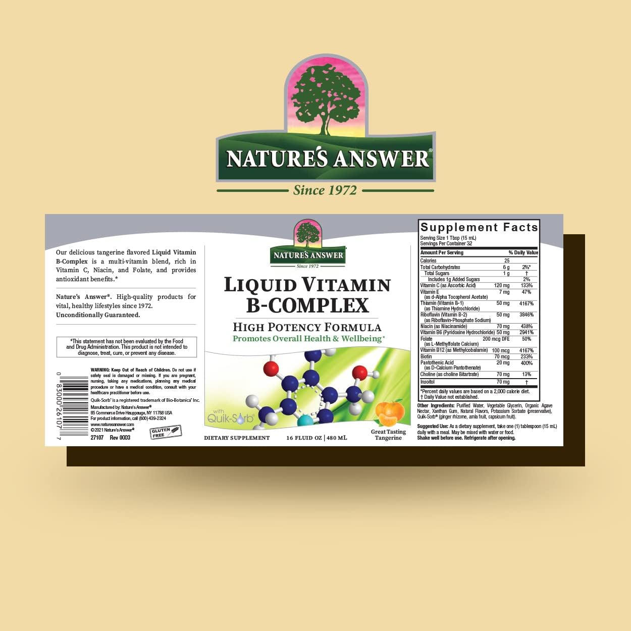 Nature's Answer Liquid Vitamin B-Complex, All-Natural Tangerine Flavour, 16 fl oz (473 mL)