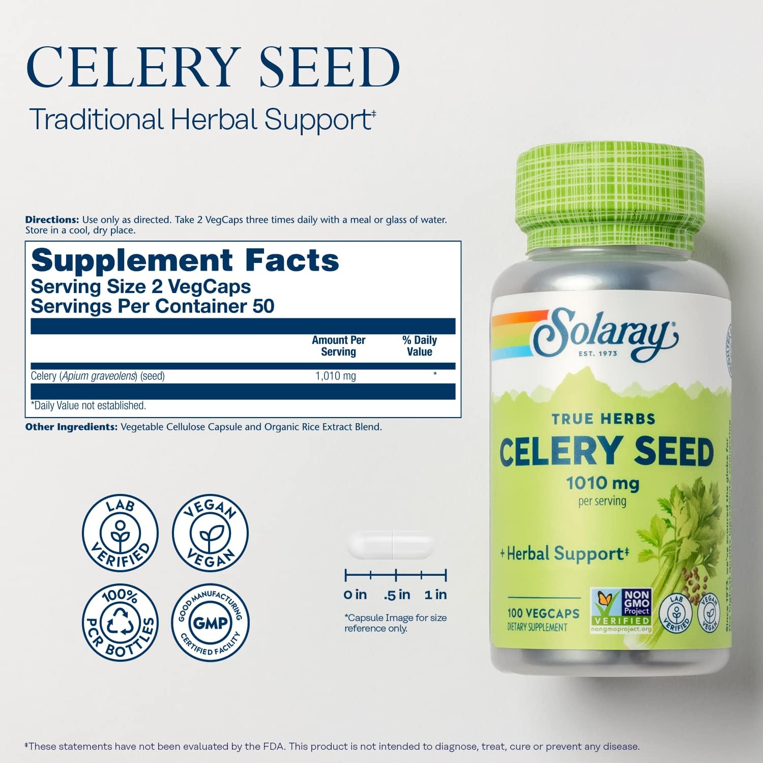 Solaray Celery Seed, 505 mg, 100 Vegetarian Capsules