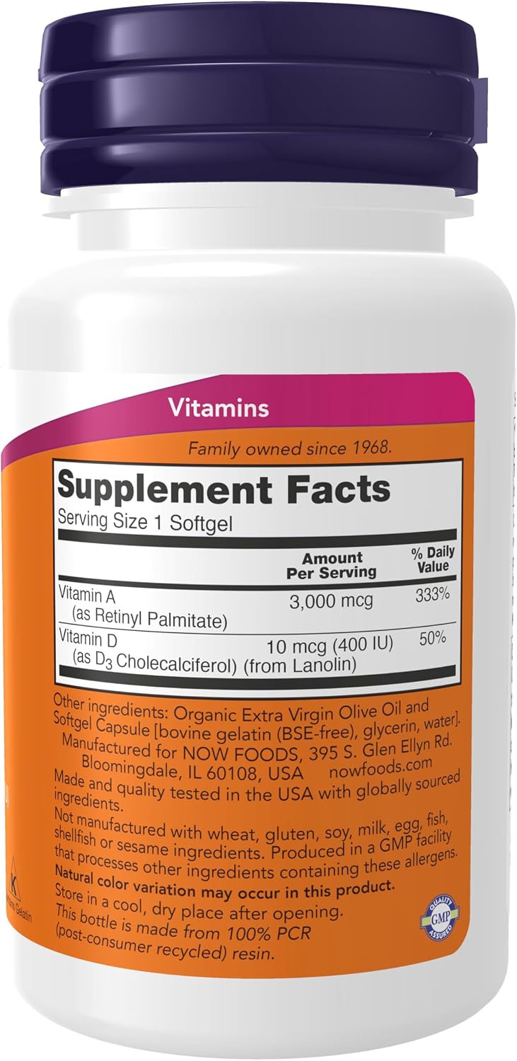 NOW Supplements, Vitamin A & D 10,000/400 IU, Eye and Bone Health, Essential Nutrition, 100 Softgels