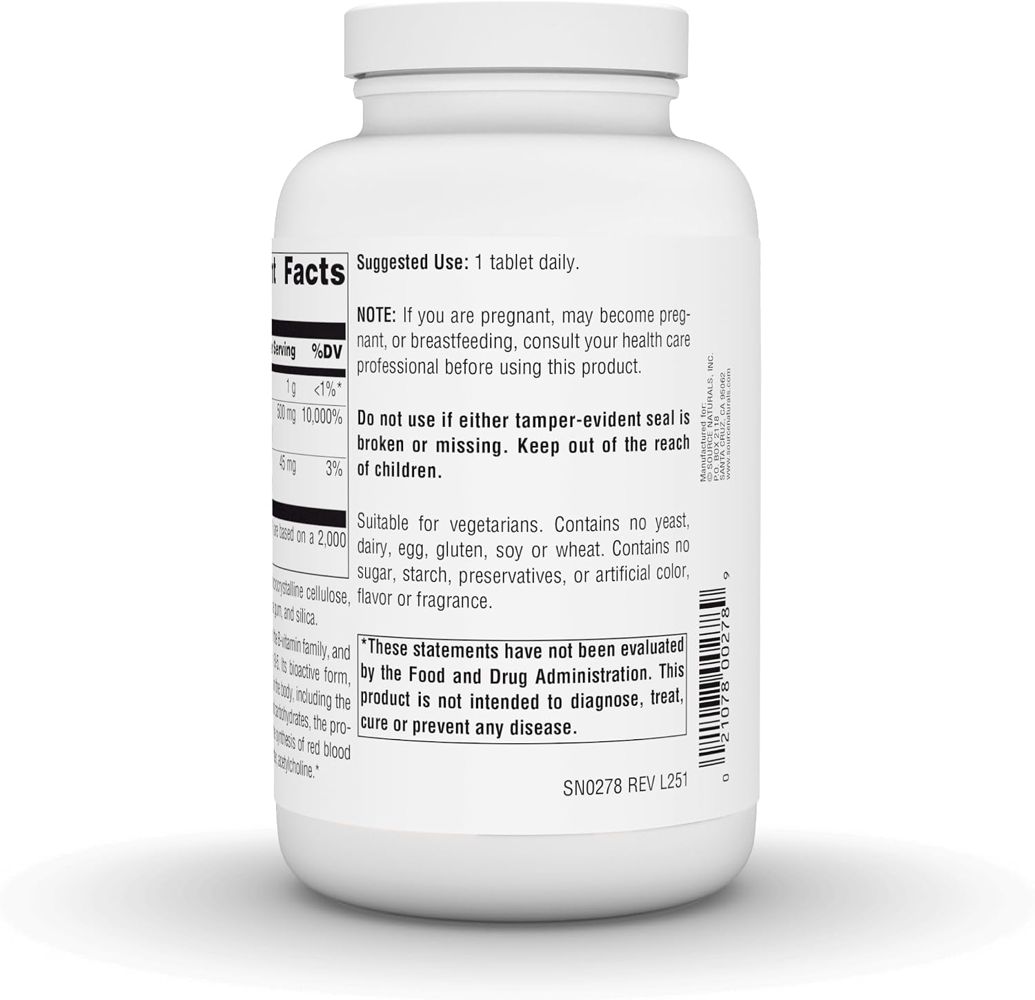 Source Naturals Pantothenic Acid 500 mg - Vitamin B-5 Supplement, 200 Vegetarian Tablets