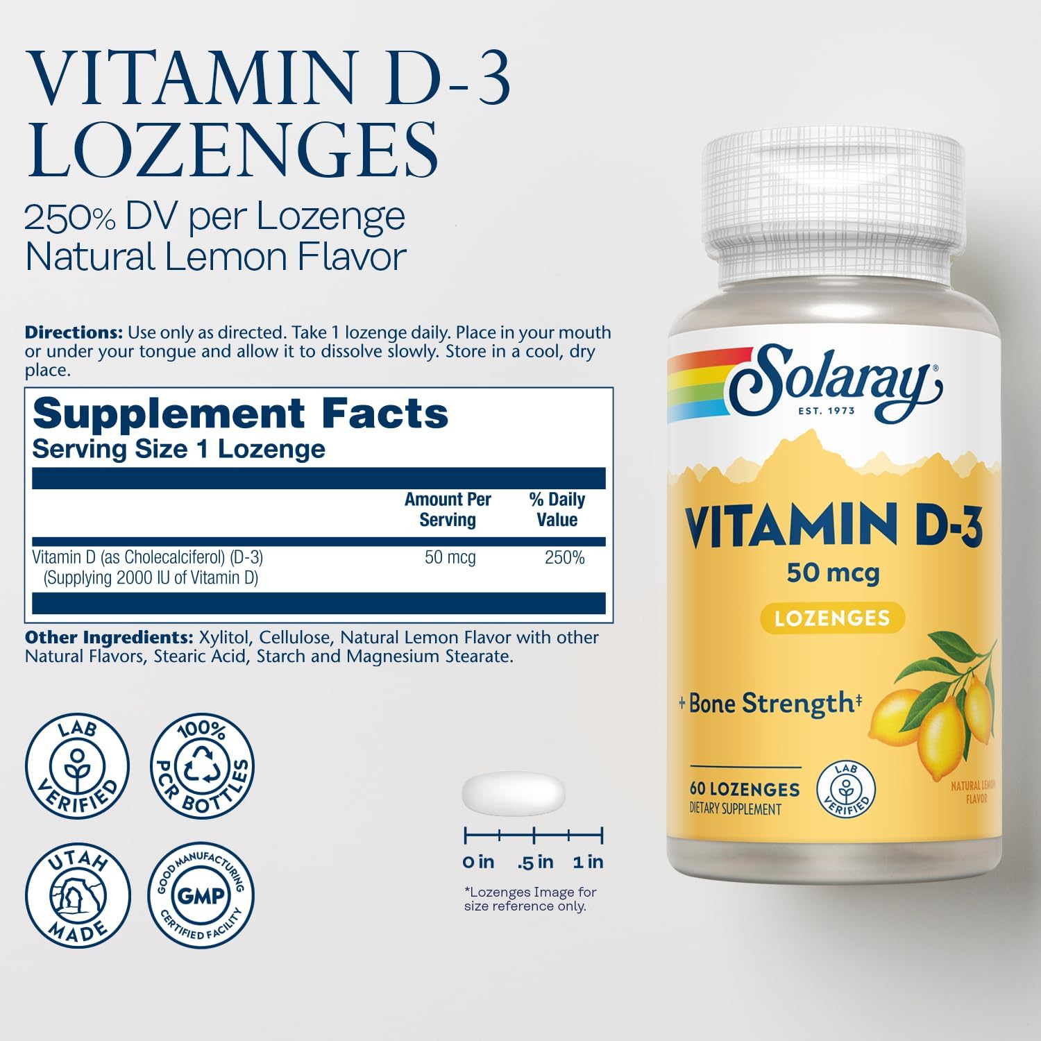 SOLARAY Vitamin D3 2000 IU Lozenges - Natural Lemon Flavour, 60 Count