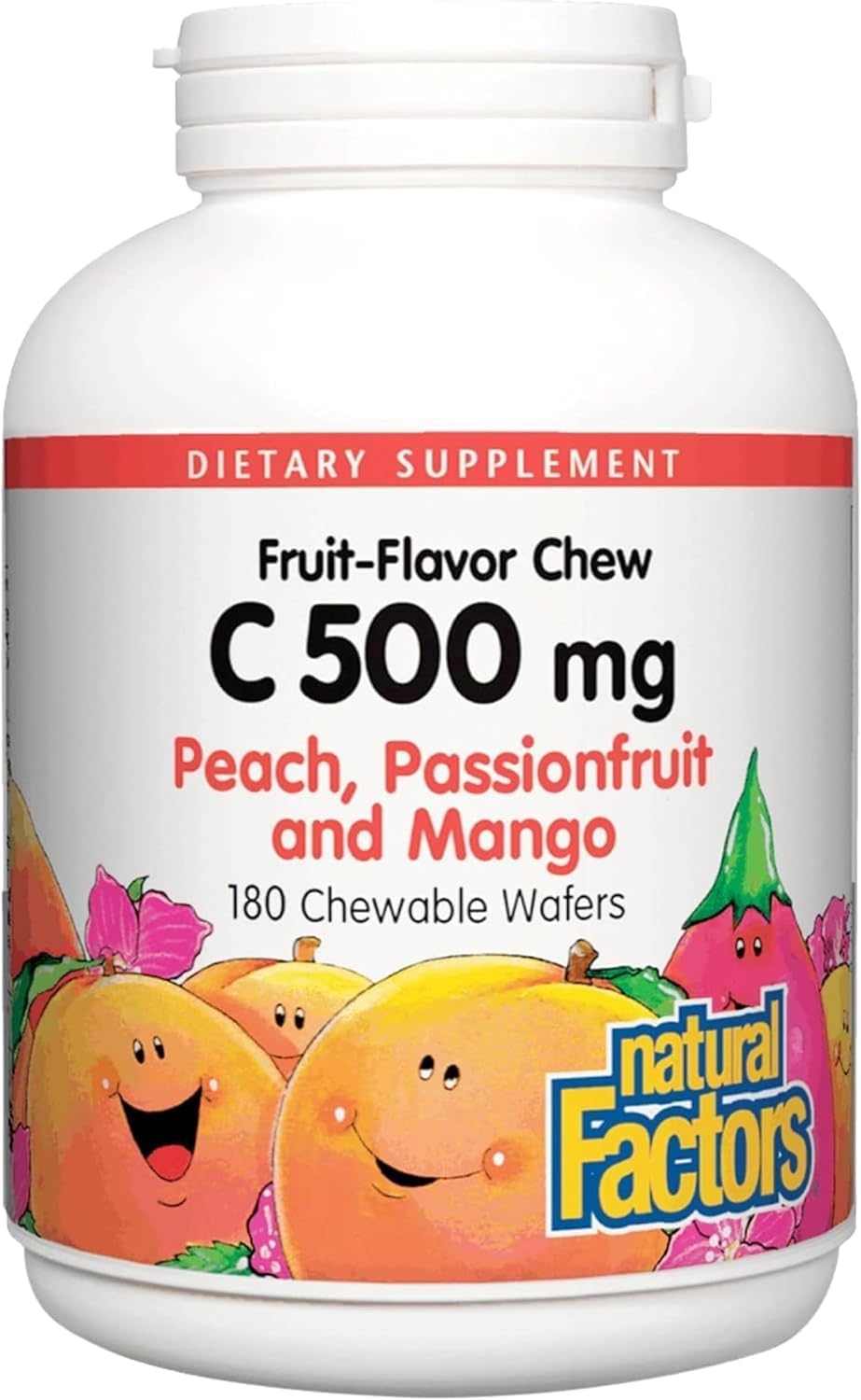 Natural Factors Kids Chewable Vitamin C – 500 mg – 180 Wafers – Peach, Passionfruit & Mango
