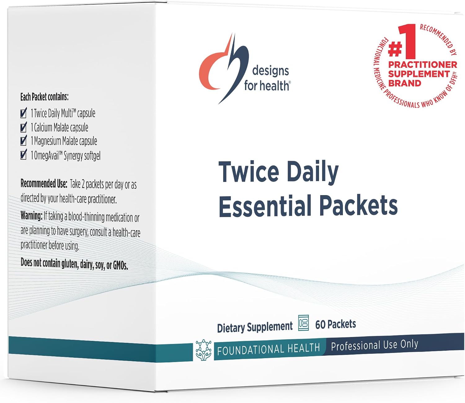 Designs for Health Twice Daily Essential Packets - Daily Multivitamin with Omega-3 Fish Oil, Calcium, Magnesium, and Chelated Minerals (60 Packets)