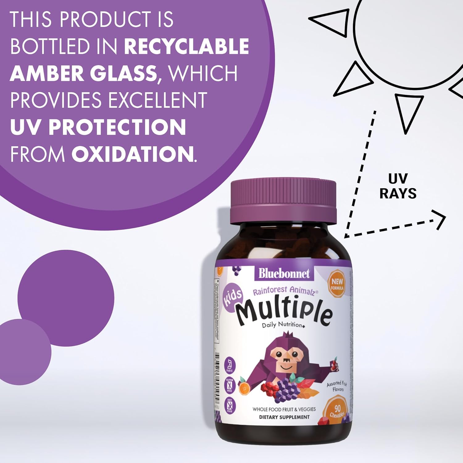Bluebonnet Nutrition Rainforest Animalz Whole Food Based Children's Multivitamin Chewable Tablet, with Vitamin C, D3, Iron, Gluten-Free, Dairy-Free, Kosher, 180 Chewable Tablets, Mixed Flavour
