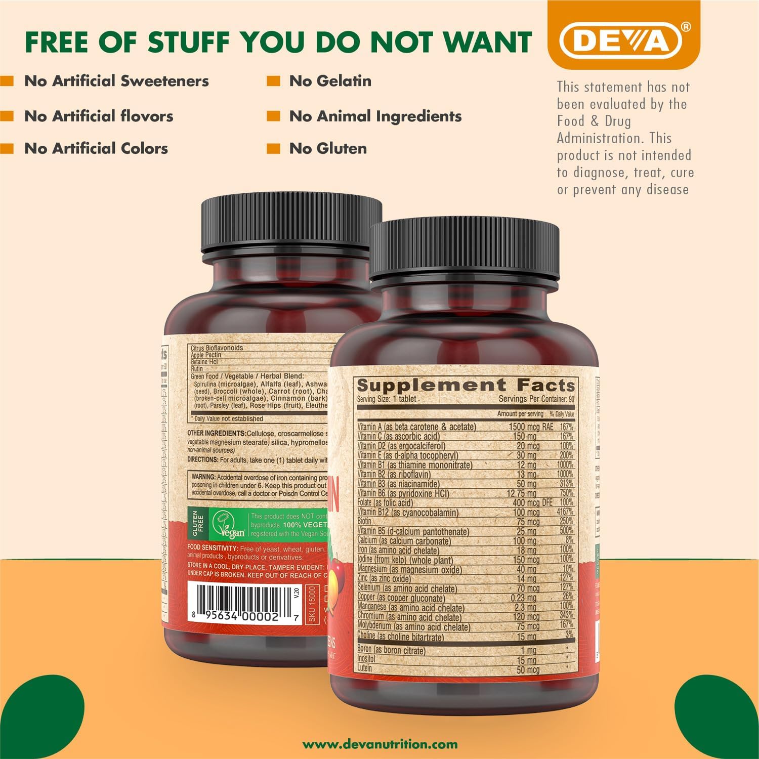 DEVA Vegan Multivitamin & Mineral Supplement with Iron – 2-Pack (180 Coated Tablets)