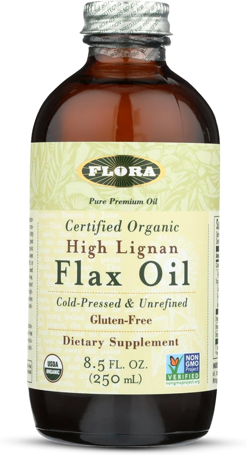 Flora High Lignan Flax Oil - Organic Omega-3, 6, 9 with Lignans - Cold-Pressed, Non-GMO, Gluten-Free - 250 mL