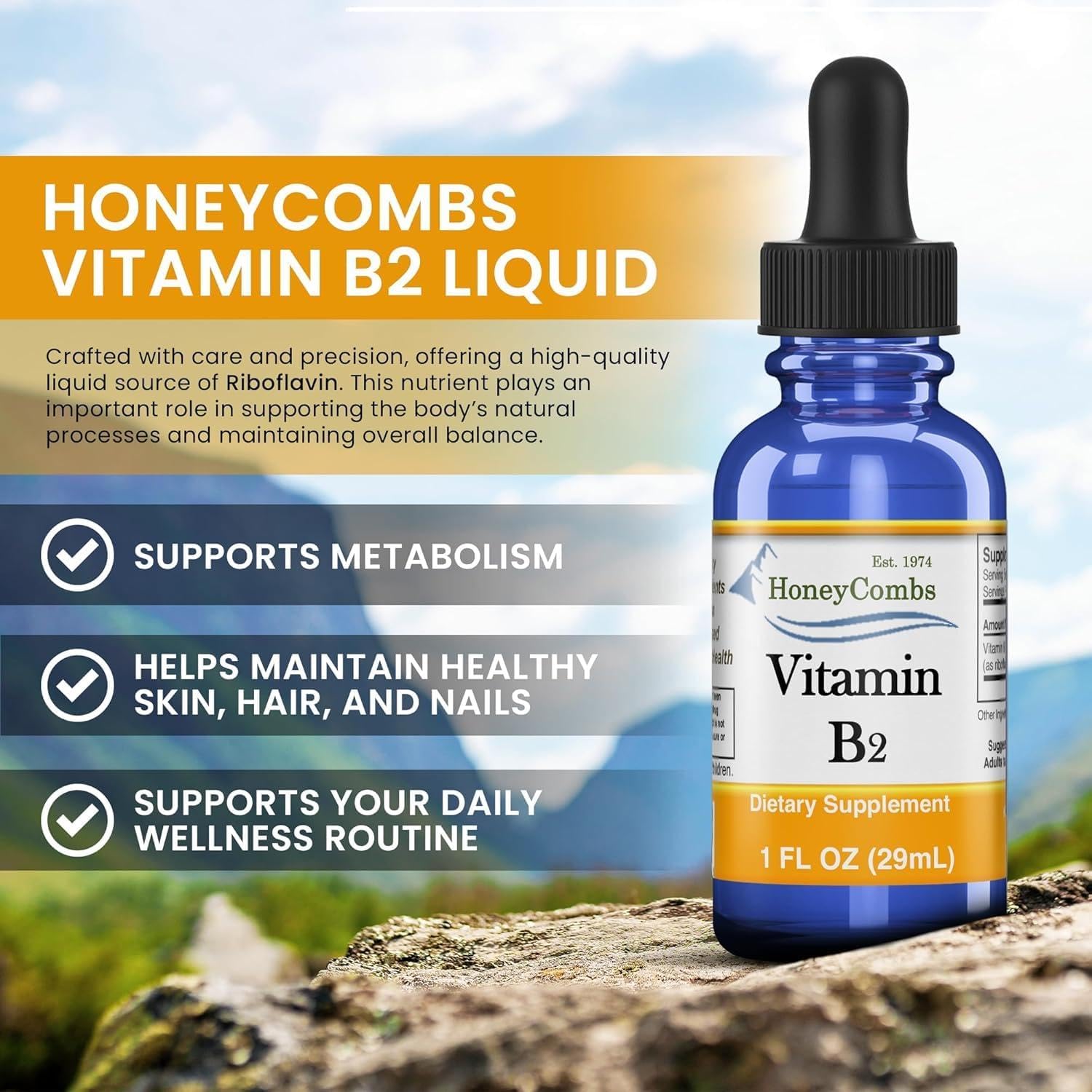 HoneyCombs Vitamin B2 Liquid Drops – High Potency Riboflavin Supplement – Alcohol Free, Vegan – 1 fl oz (30 mL)