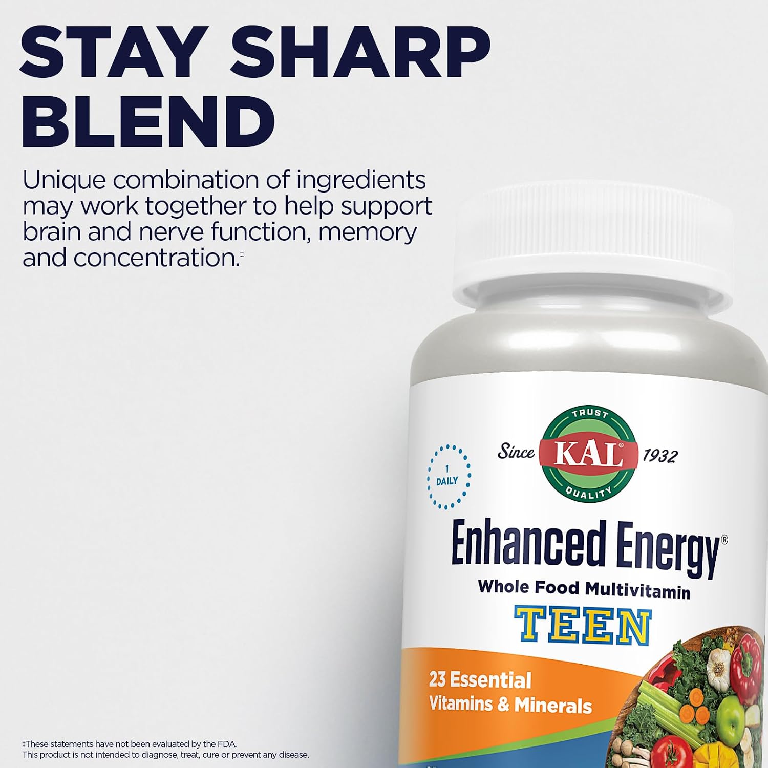 KAL Teens Enhanced Energy Multivitamin – Once Daily Whole Food with Iron – 60 Tablets