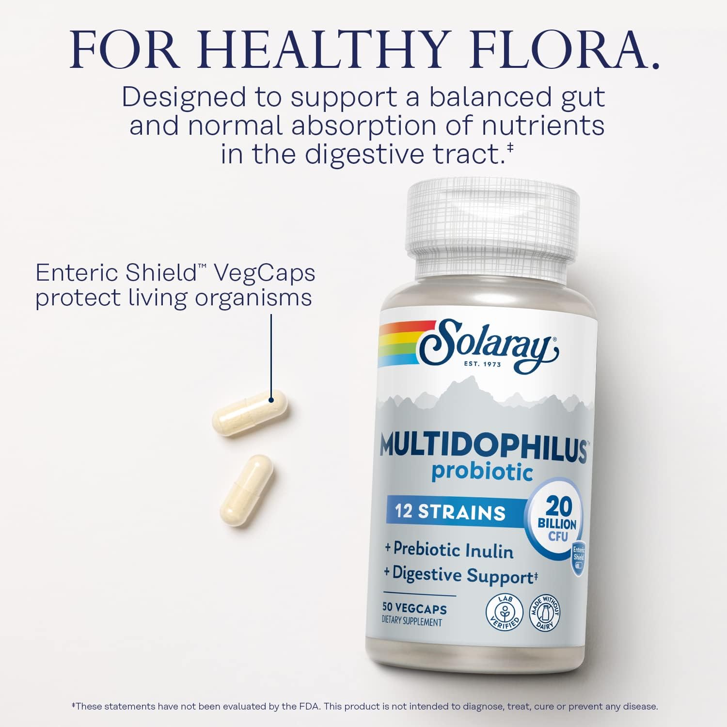 SOLARAY Multidophilus 12 Strain Probiotic 20 Billion CFU - Digestive Health & Immune Support with Prebiotic Inulin, Dairy-Free, 50 Enteric VegCaps
