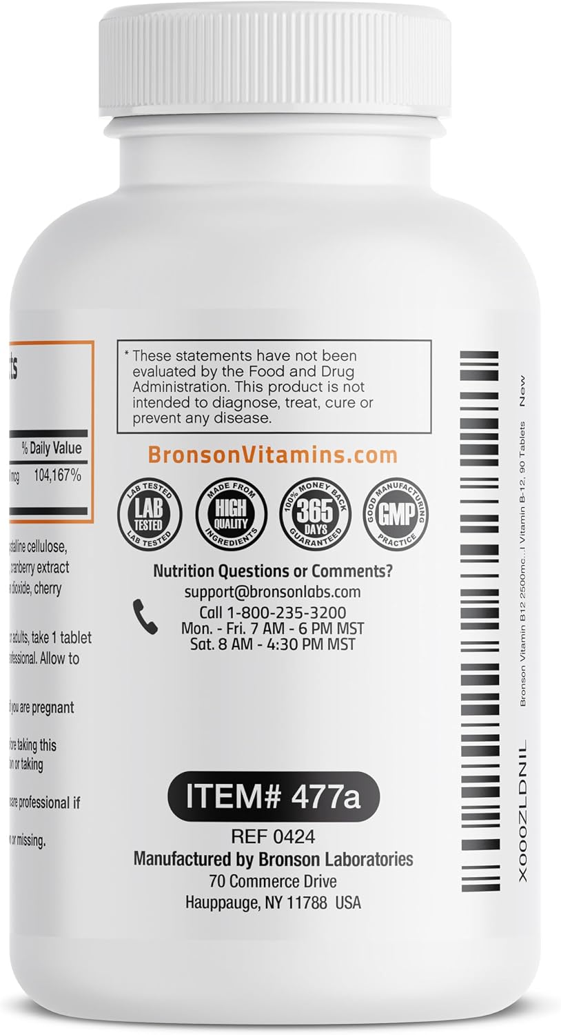 Bronson Vitamin B12 2500mcg Fast Dissolve Sublingual Tablets, Cherry Flavour, 90 Count