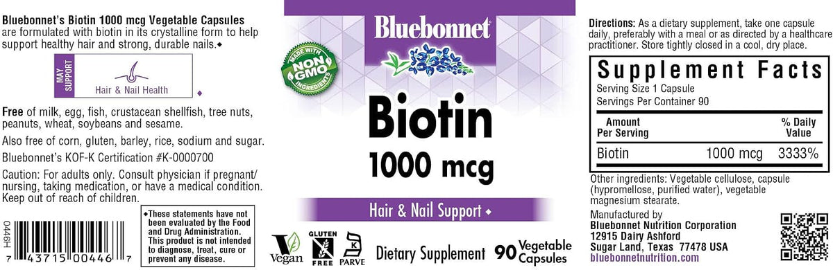 Bluebonnet Nutrition Biotin 1000 mcg Vegetable Capsules, 90 Count - görsel 2
