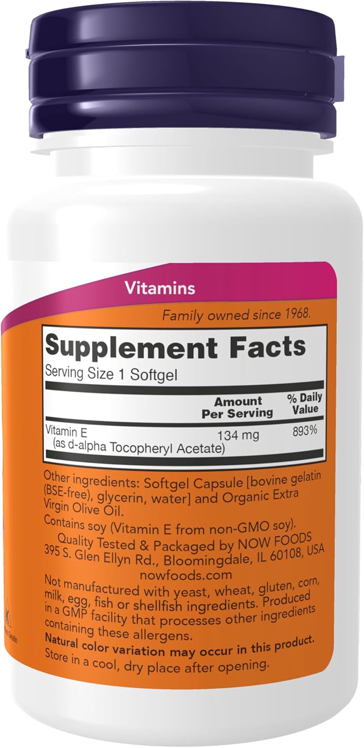 NOW Foods Vitamin E 200 IU (134 mg), Natural D-Alpha Tocopherol, 100 Softgels