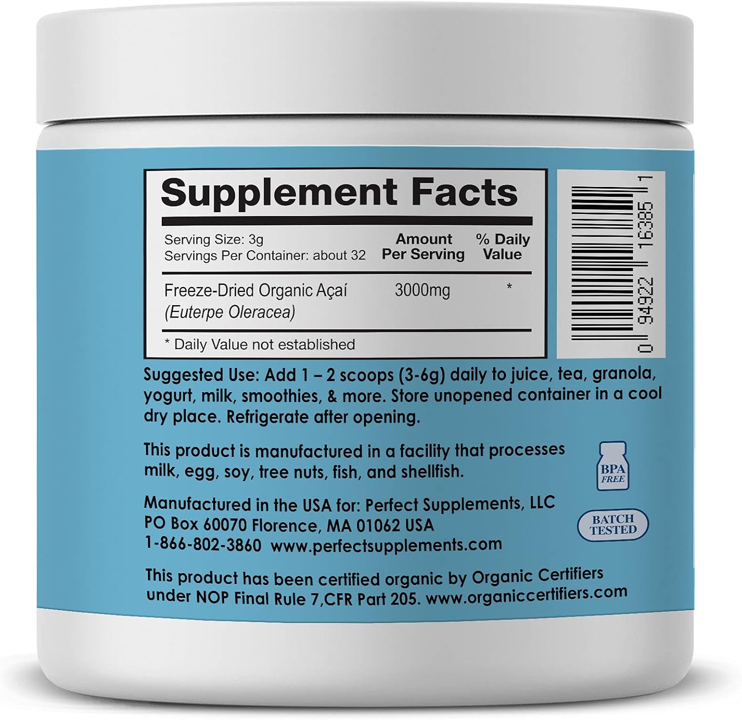 Perfect Supplements – Perfect Acai Powder – 95 g – Pure Organic Freeze-Dried Acai Berry Superfood