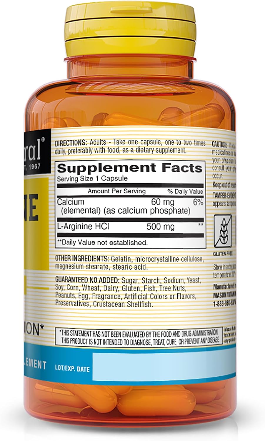 Mason Natural L-Arginine 500 mg with Calcium – Supports Healthy Circulation & Vascular Function, 60 Capsules