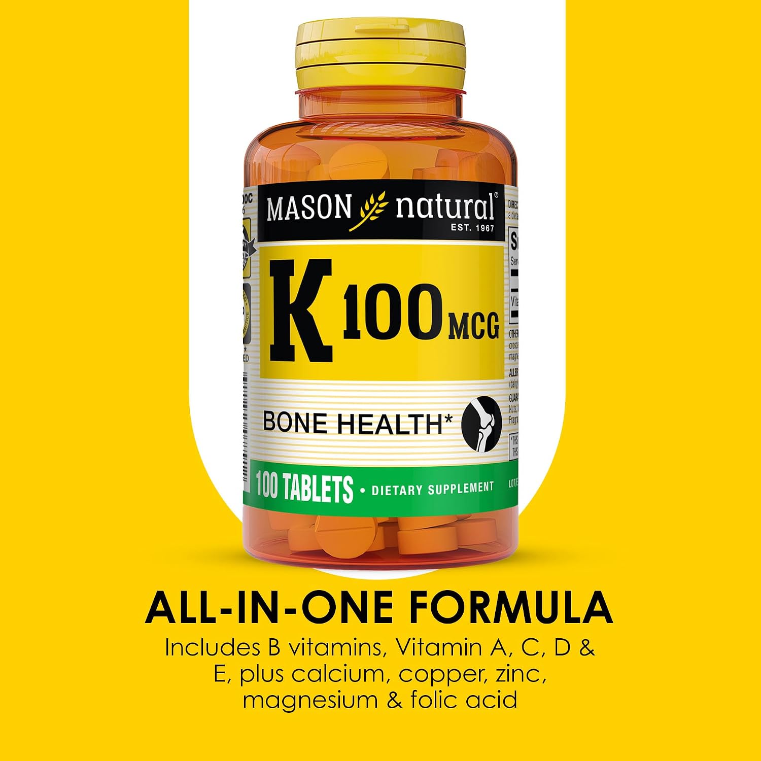 Mason Natural Vitamin K 100 mcg, Supports Bone and Joint Health, Helps Calcium Absorption, 100 Tablets