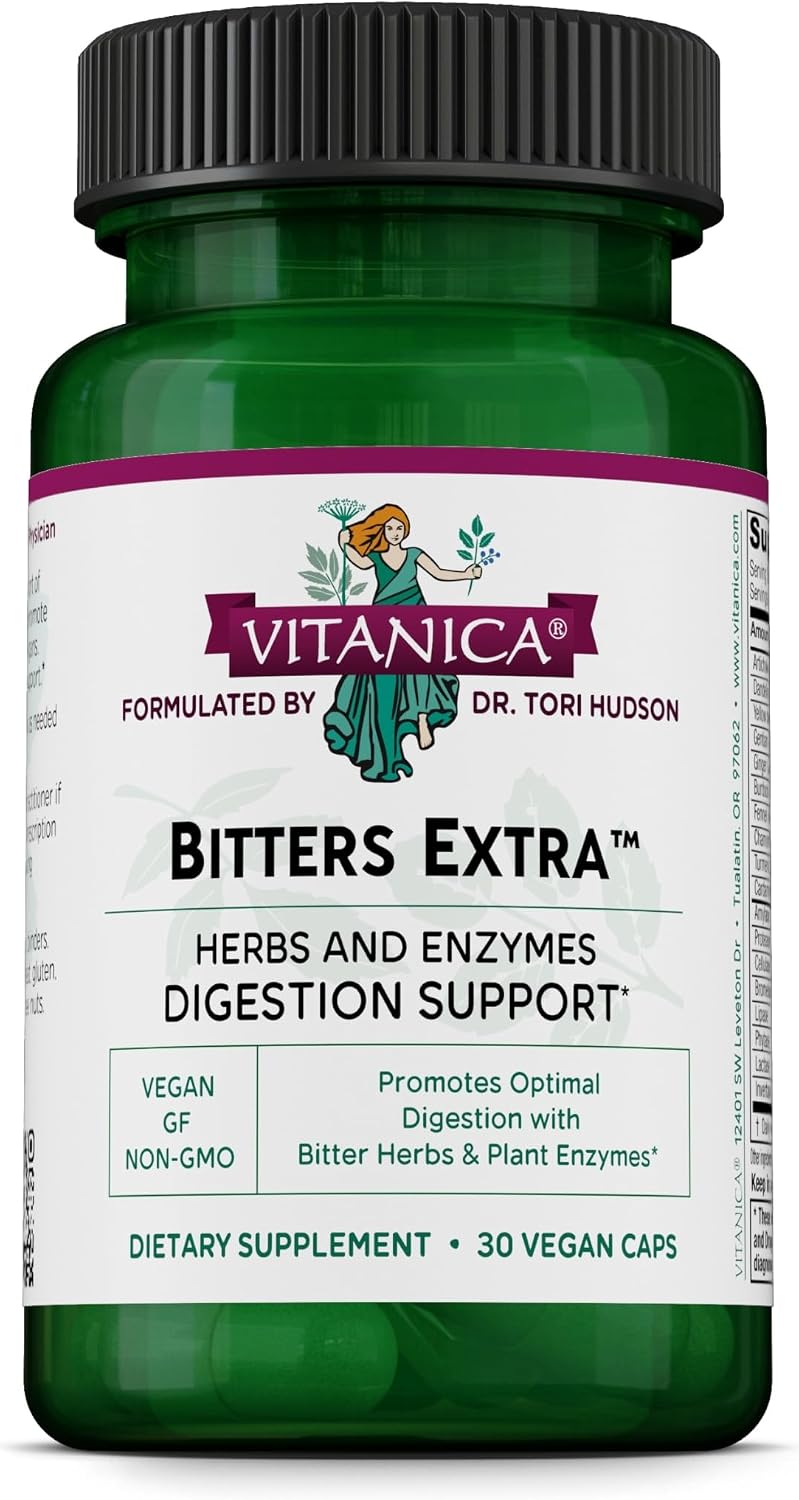 Vitanica Bitters Extra - Digestive Support Supplement with Dandelion Root & Plant-Based Enzymes (30 Capsules)