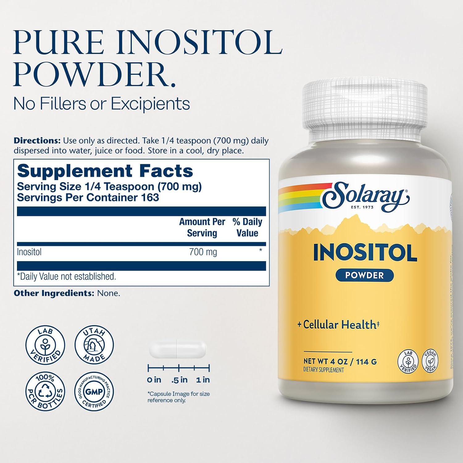 SOLARAY Pure Inositol Powder - Vegan, Lab Verified, 113 g (4 oz) – 163 Servings