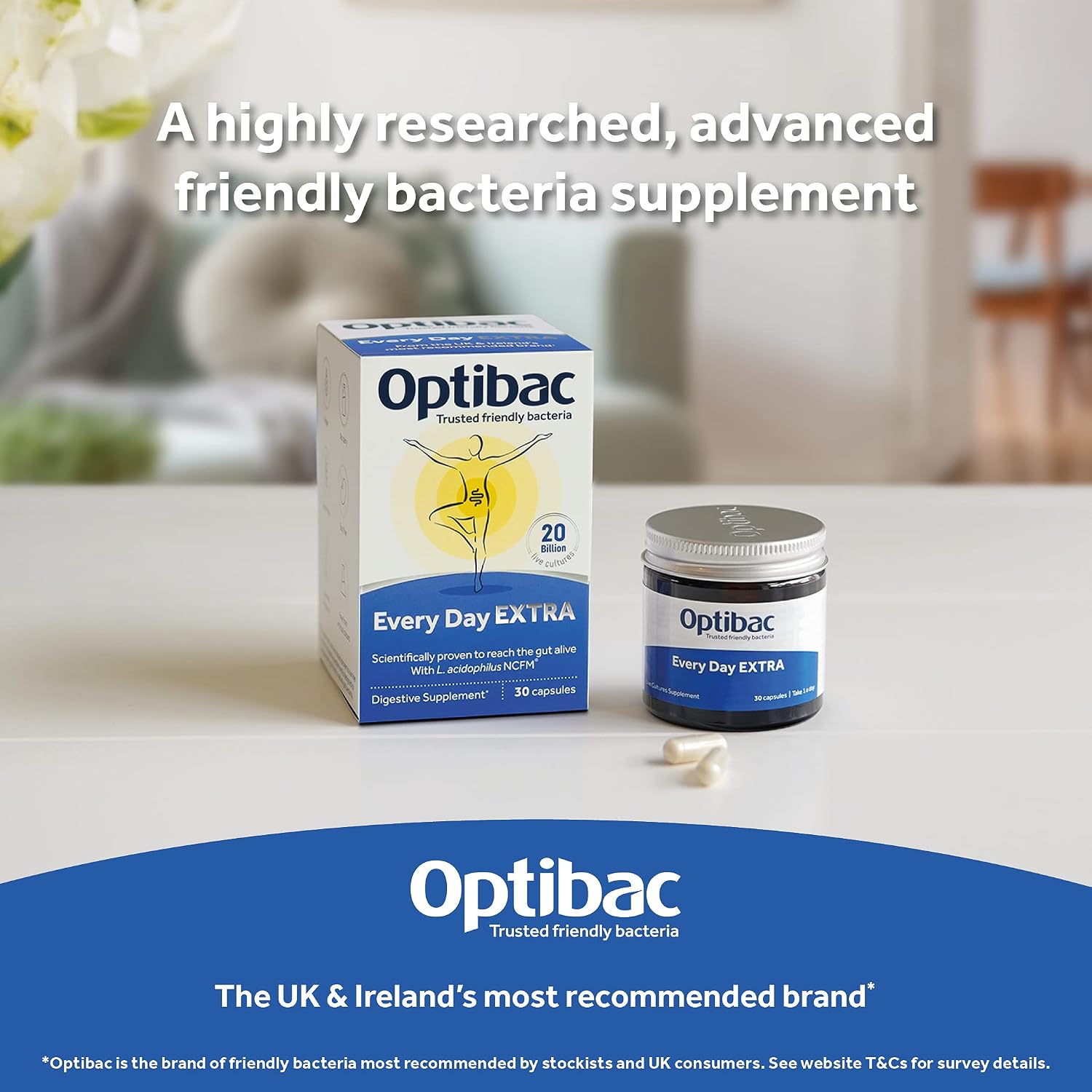 OptiBac Probiotics Every Day Extra 30 Capsules | High-Strength Digestive Probiotics with 20 Billion CFU | Vegan Supplement with Lactobacillus Acidophilus NCFM | for Everyday Digestive Health
