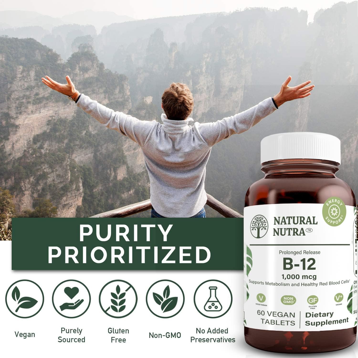 Natural Nutra Vitamin B12 1000 mcg, Cobalamin B12 Supplement, Calcium Phosphate, Supports Metabolism Health, Nervous System Support, Optimal Absorption, Gluten-Free, Sugar-Free, 60 Vegan Tablets