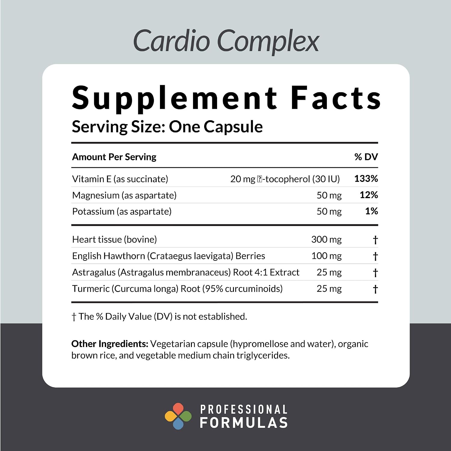 Professional Formulas Cardio Complex – Heart Glandular with Vitamin E, Magnesium, Potassium, English Hawthorn, Astragalus & Turmeric – Gluten-Free, 60 Capsules