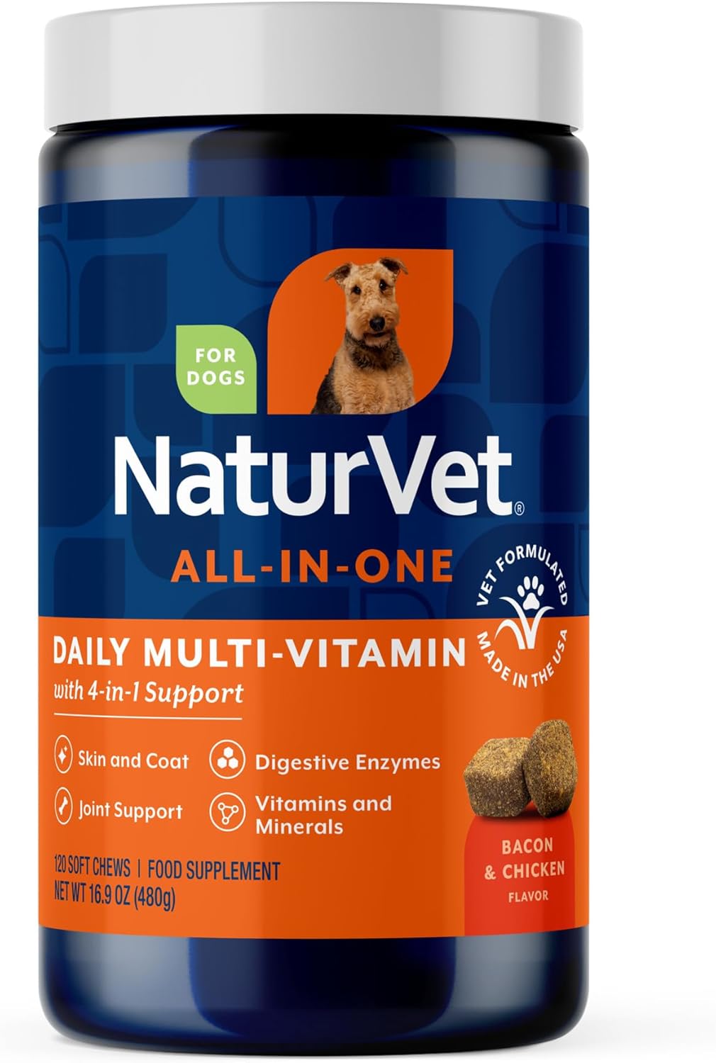NaturVet All-in-One Dog Supplement – Joint Support, Digestion, Skin & Coat – Dog Multivitamins with Omega-3,6,9 – Wheat-Free Powder – 370 g