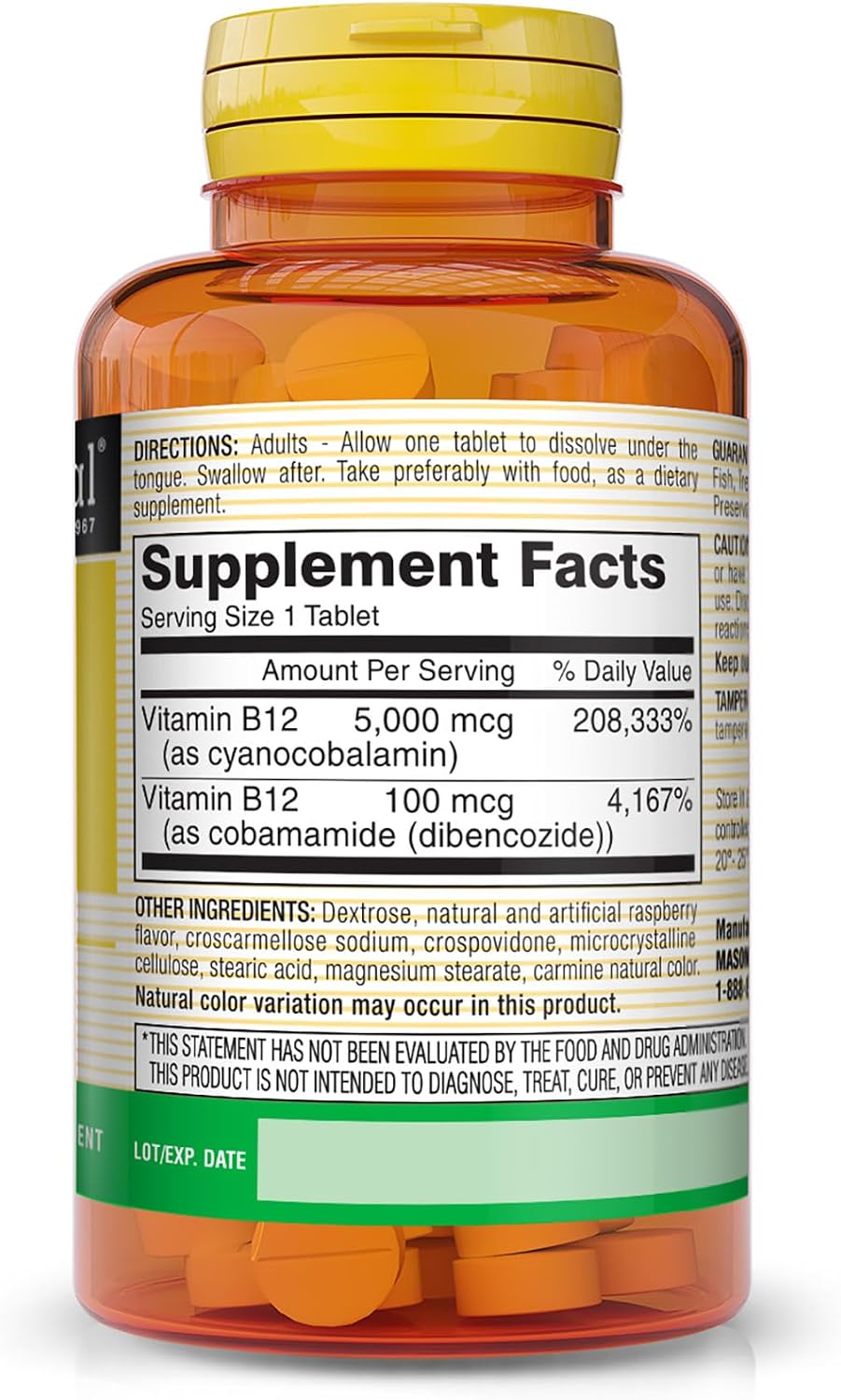 Mason Natural Vitamin B12 5000 mcg Sublingual Tablets, Raspberry Flavour, 30 Count