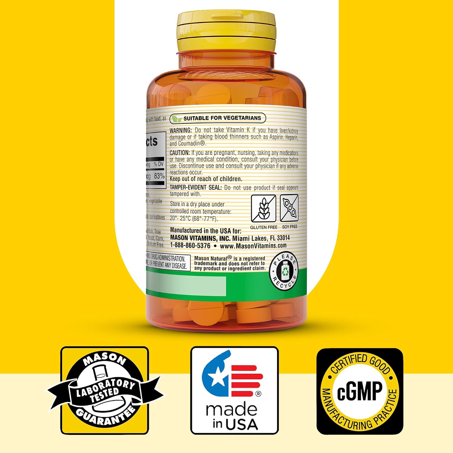 Mason Natural Vitamin K 100 mcg, Supports Bone and Joint Health, Helps Calcium Absorption, 100 Tablets