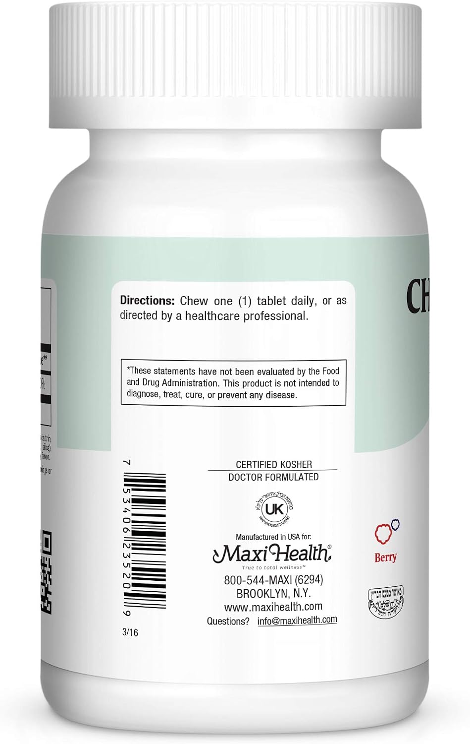 Maxi Health Chew-D-Max Vitamin D3 1000 IU - Chewable for Kids and Adults - Natural Berry Flavour - 100 Chewables