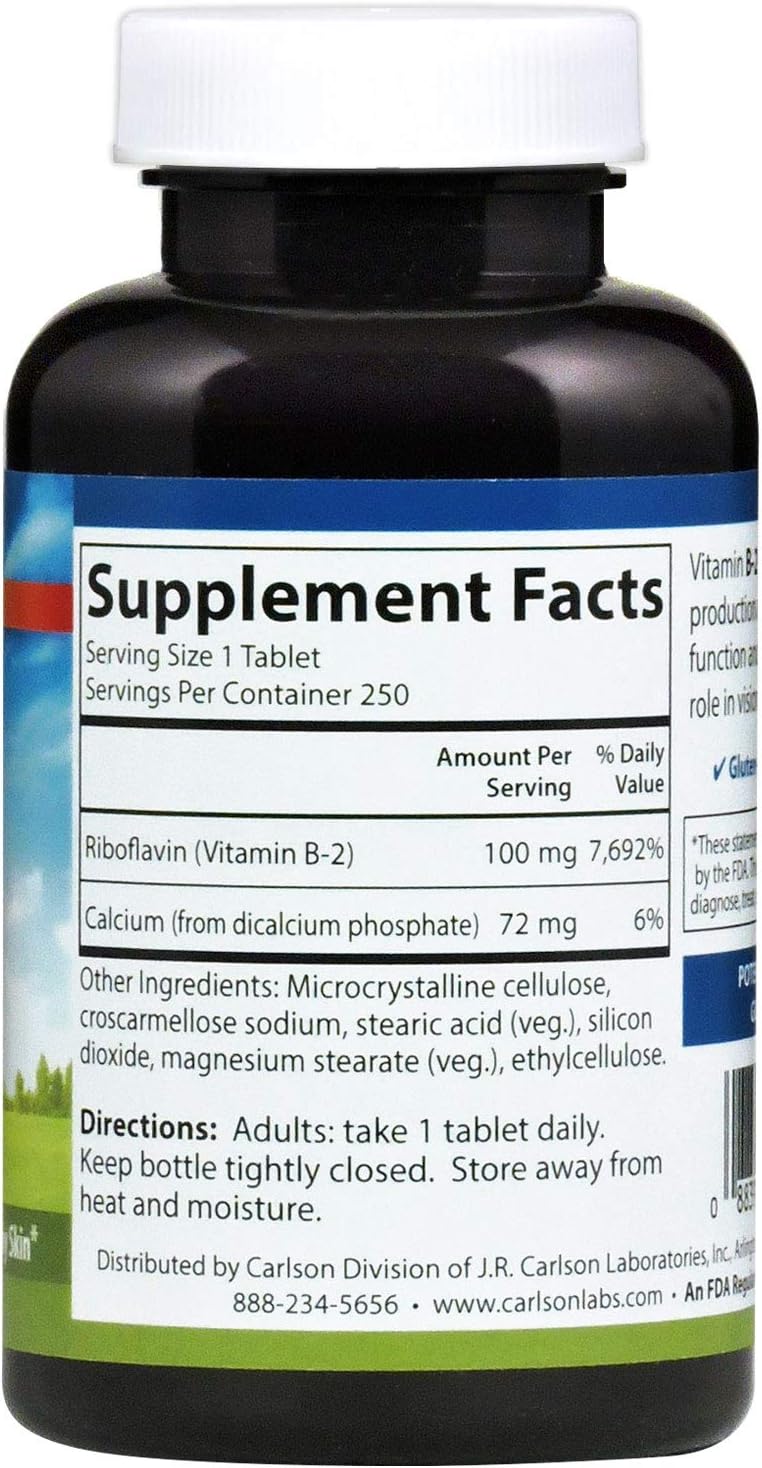 Carlson - B-2, 100 mg Riboflavin, Energy Metabolism, Vision Health & Skin Maintenance, 250 Vegetarian Tablets