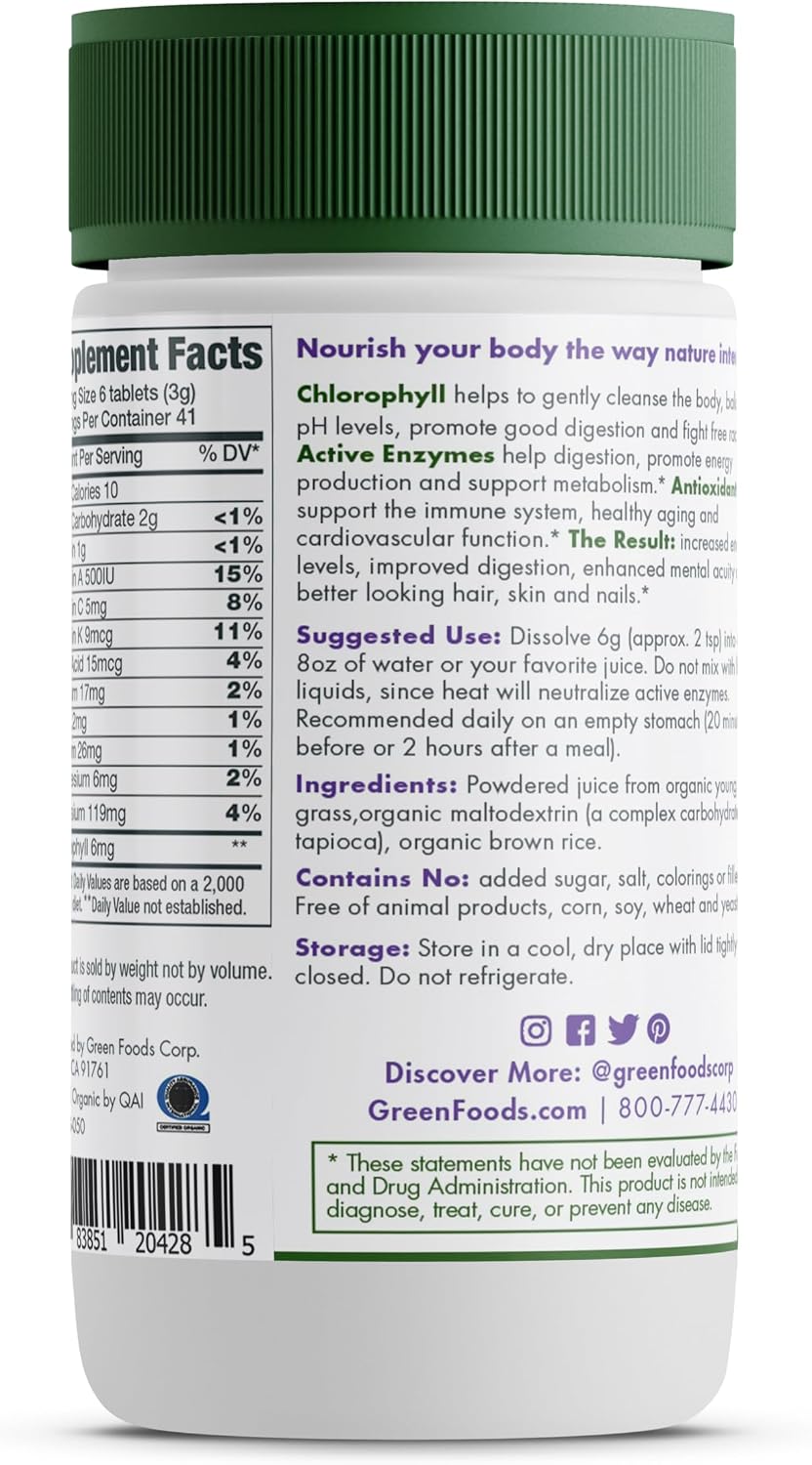 Green Foods Original Green Magma Barley Grass Nutritional Supplement – 250 Tablets (500 mg Each), Certified Organic
