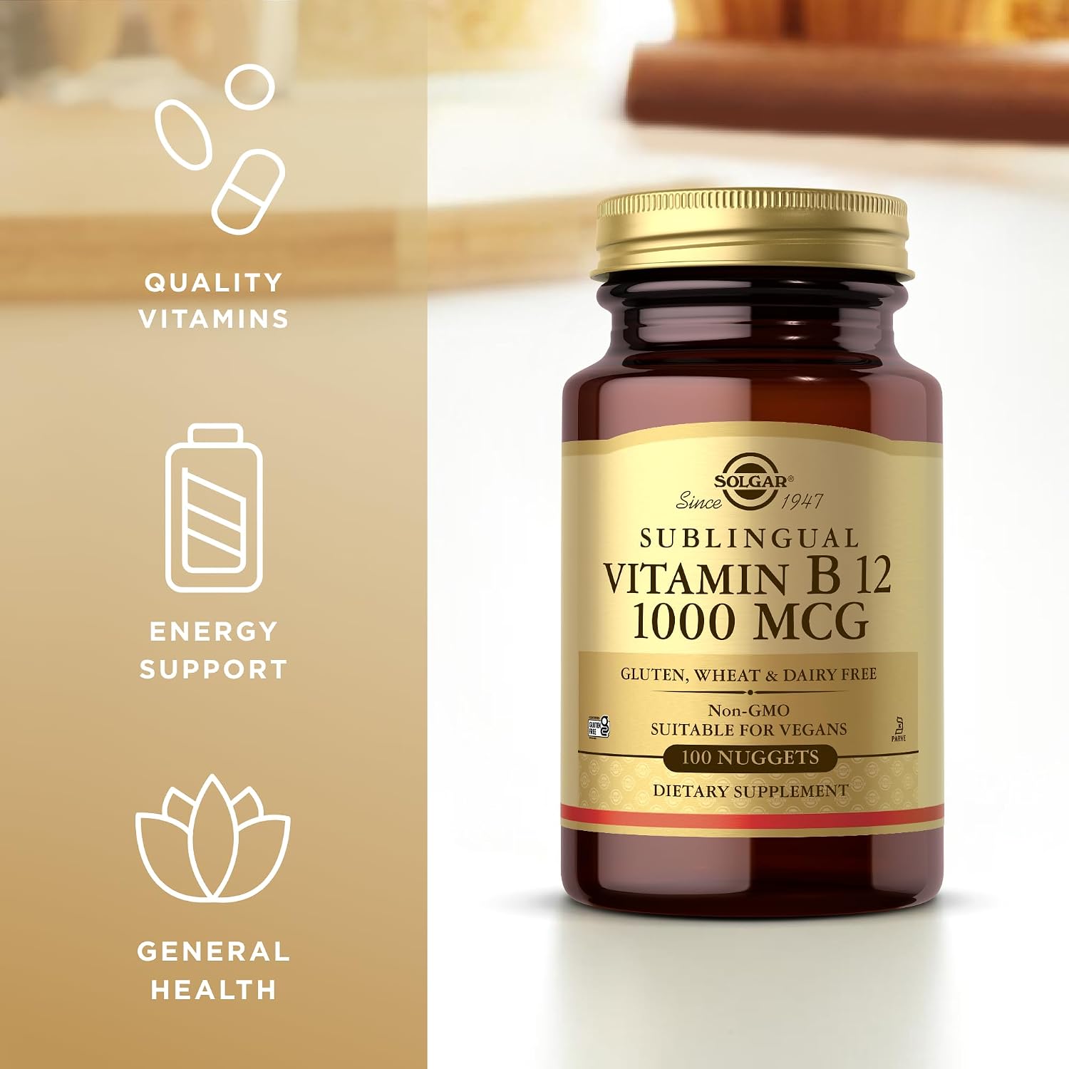 Solgar Sublingual Vitamin B12 1000 mcg, 100 Nuggets - Vegan, Non-GMO, Gluten-Free