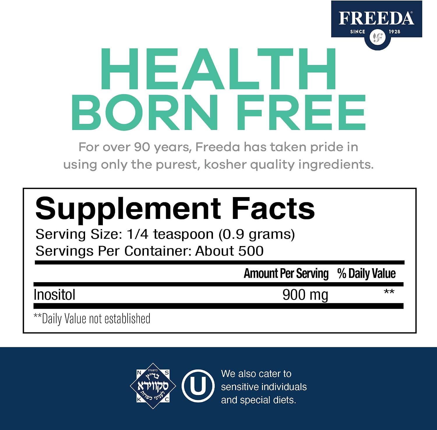 FREEDA Pure Myo-Inositol Powder – 454 g (16 oz)