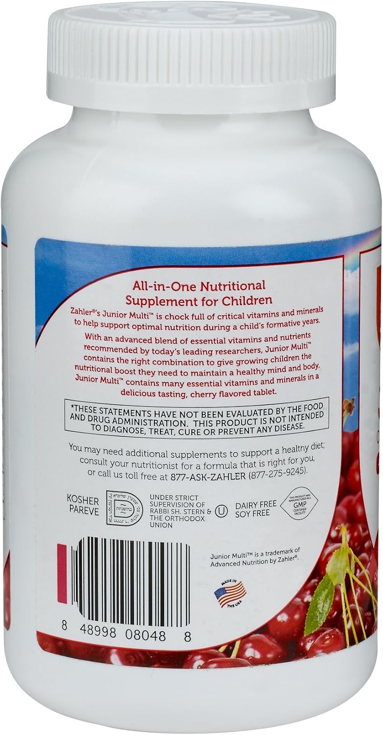 Zahler Junior Multi™ – Complete Once-Daily Multi-Vitamin for Children, Natural Cherry Flavour, 180 Chewable Tablets