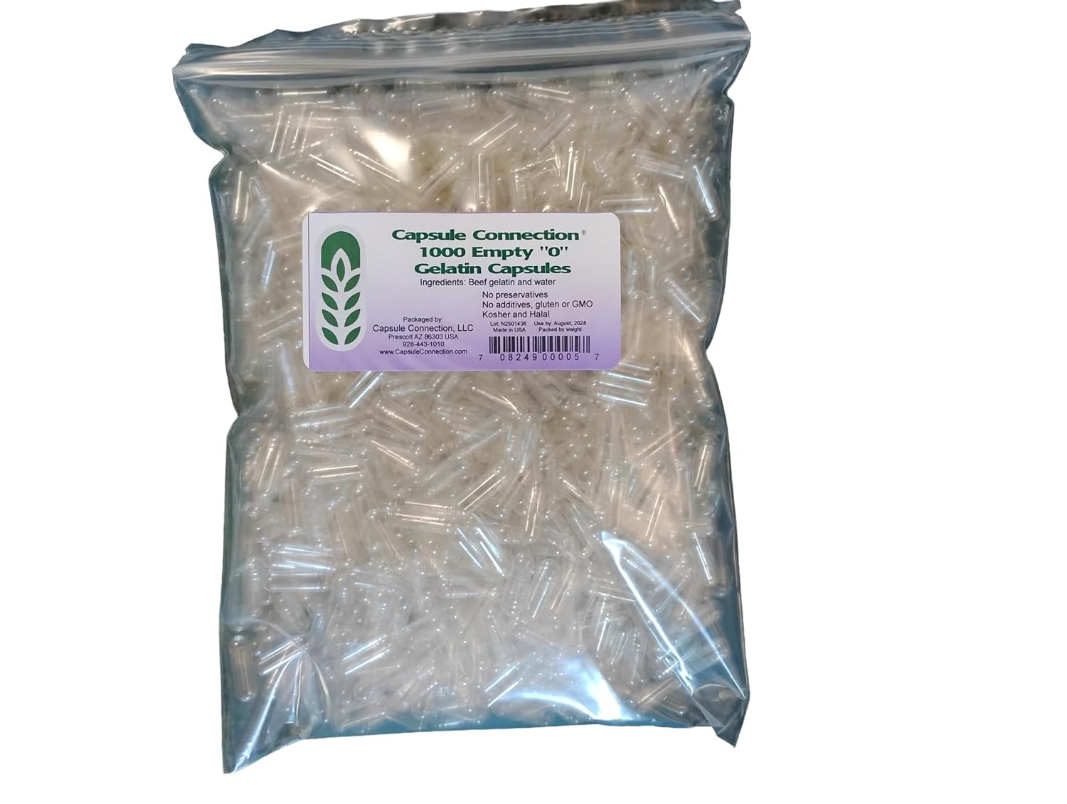 Capsule Connection 1000 Bulk "0" Empty Gelatin Capsules, Made in USA, resealable bag