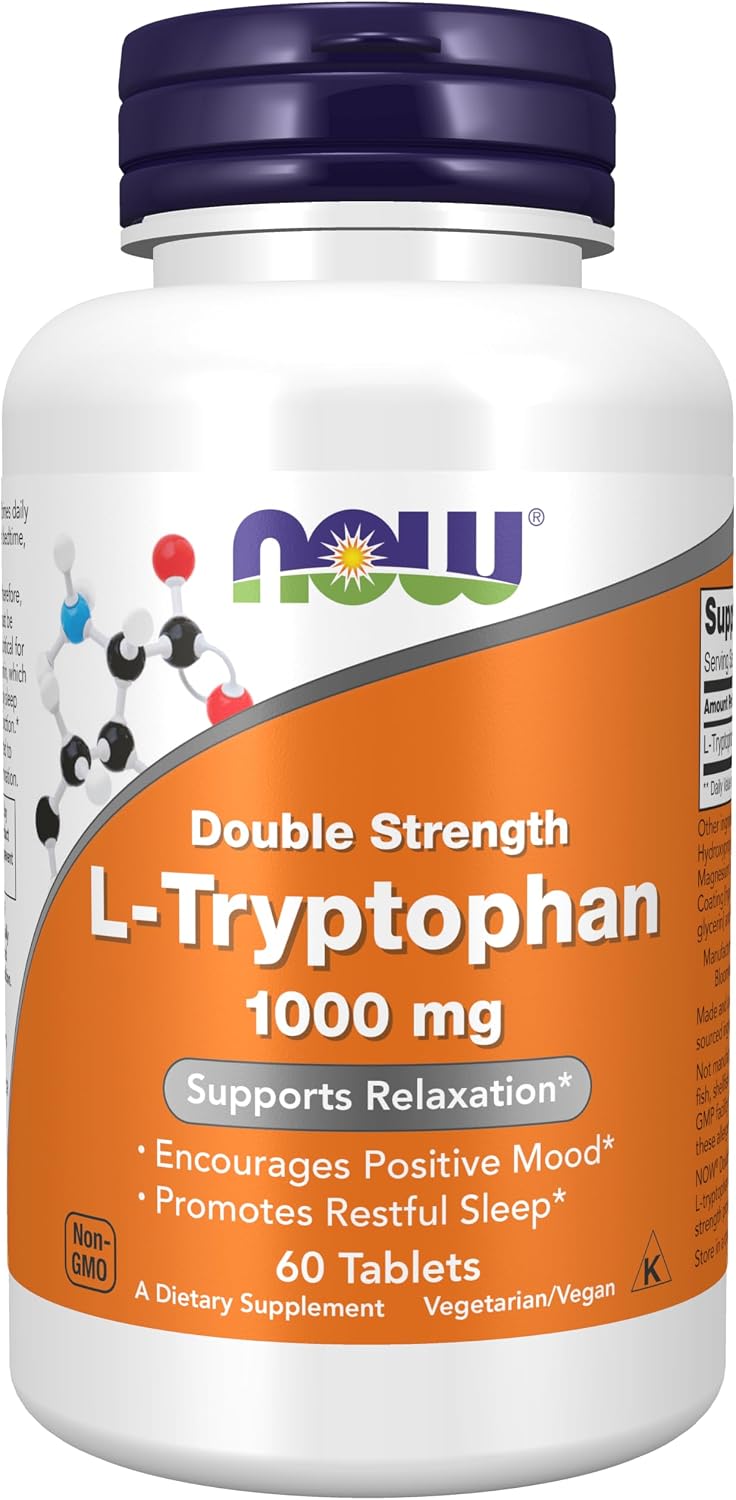 NOW Foods L-Tryptophan 1,000 mg (Double Strength), 60 Tablets