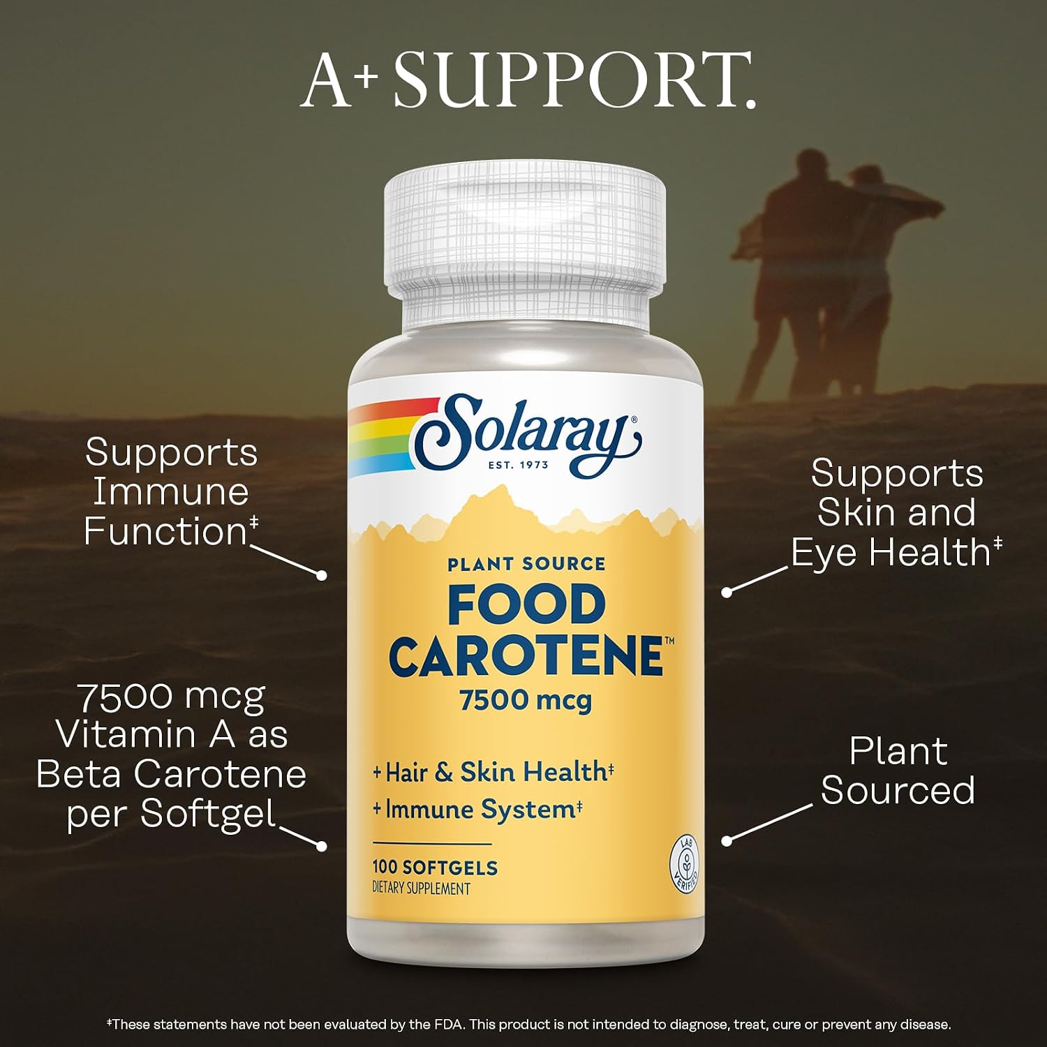 SOLARAY Food Carotene - Vitamine A sous forme de bêta-carotène 25 000 UI, 100 gélules molles