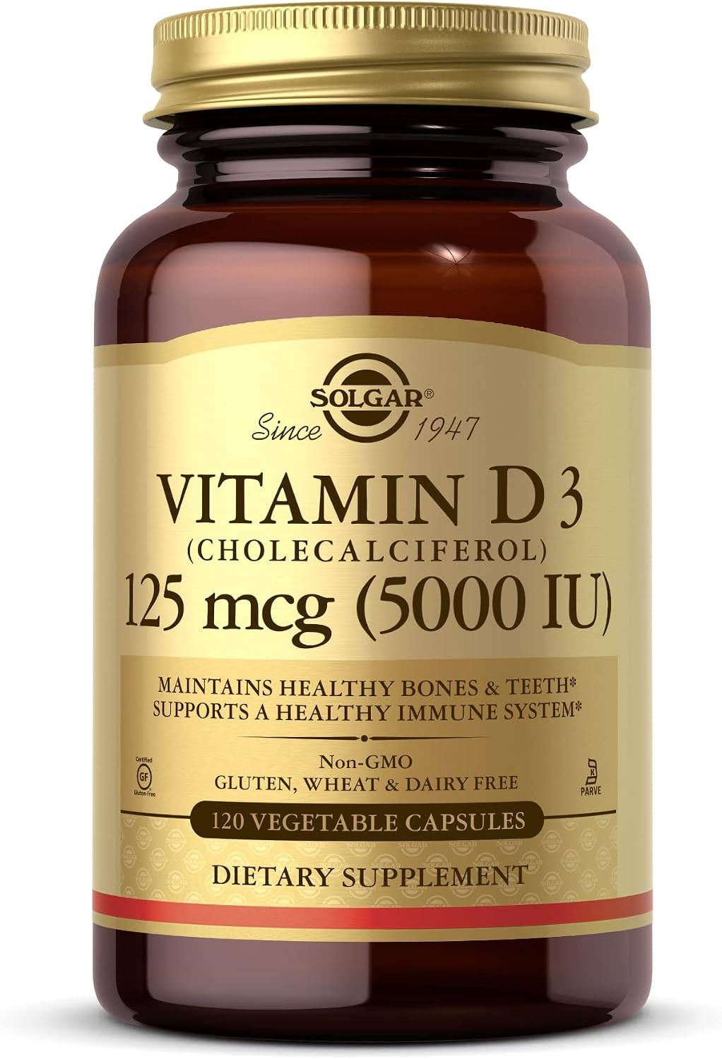 Solgar Vitamin D3 (Cholecalciferol) 125 mcg (5000 IU), 100 Softgels – Bone and Immune Support